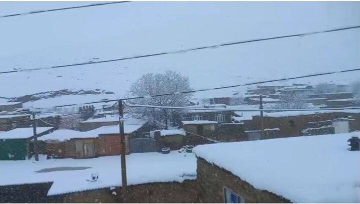 بارش برف در روستای دهنو شهرستان کنگاور